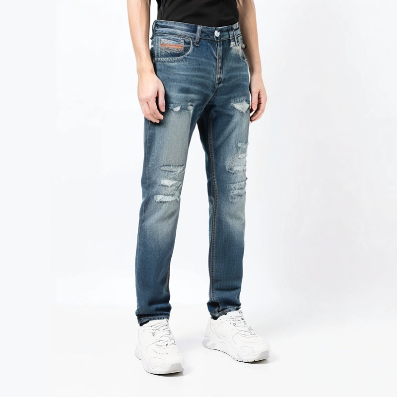 刺绣牛仔破洞高街水洗拉链长裤夏