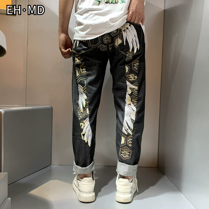 刺绣拼接大logo牛仔长裤宽松2022