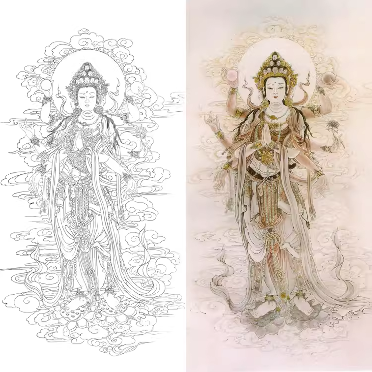 工笔画底稿菩萨佛像观音千手观音4尺6尺高清白描20#打印稿宣纸稿