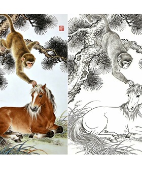 工笔画底稿人物工笔猴马上封侯白描2#打印稿学习临摹