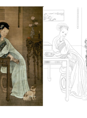 工笔画底稿工笔人物清 枚春闺倦读图竖副参考白描73#打印稿