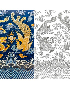 工笔画底稿工笔龙龙凤呈祥图白描25#打印稿宣纸稿