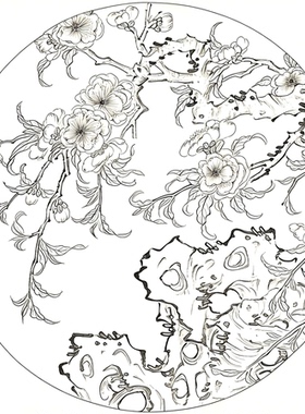 工笔画底稿南宋马世荣碧桃倚石图页团扇小品白描217#打印稿