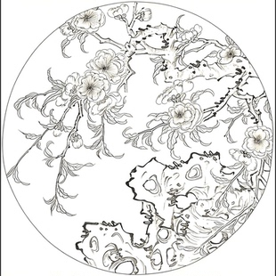工笔画底稿南宋马世荣碧桃倚石图页团扇小品白描217#打印稿