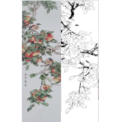 工笔画底稿苹果花鸟吉祥寓意条屏竖副白描1#打印稿宣纸稿学习临摹
