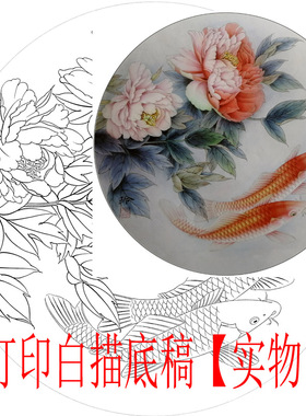 工笔画底稿牡丹鲤鱼团扇小品白描10#打印稿宣纸稿有文字和步骤图