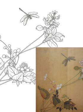 工笔画底稿明汪中草虫花卉图斗方白描252#打印稿宣纸稿