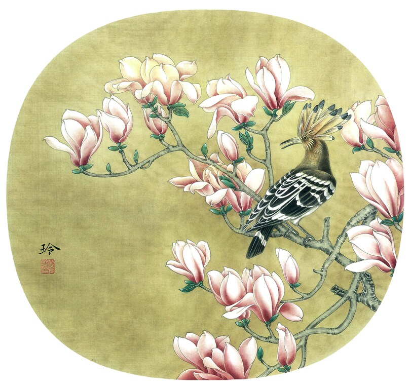 工笔画底稿戴胜玉兰团扇面白描51#打印稿宣纸稿有步骤图 文字