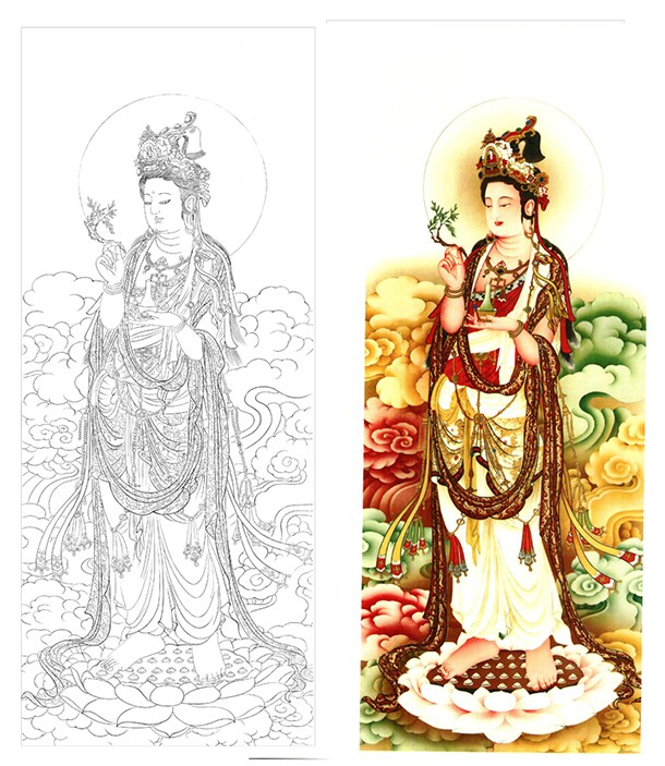 工笔画底稿工笔4尺竖副人物观音佛像菩萨白描40#打印稿毛笔过稿