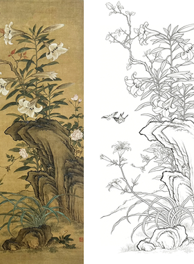工笔画底稿清上睿 百合蝴蝶图参考白描138#打印稿宣纸稿