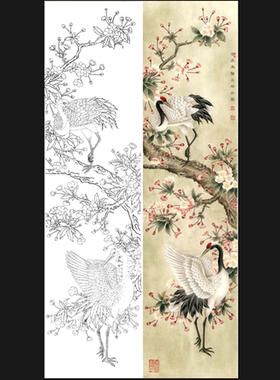 工笔画底稿 仙鹤花鸟条屏竖副白描8#打印稿宣纸稿学习临摹