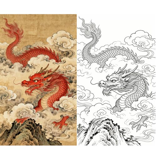 工笔画底稿 工笔龙白描28#打印稿宣纸稿学习临摹