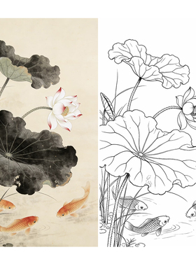 工笔画底稿荷花鲤鱼竖幅参考白描39#打印稿宣纸稿