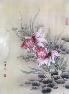 路雨年金鱼白描打印稿勾线工笔画