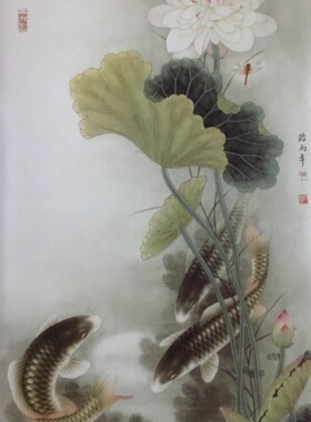 工笔画底稿 路雨年4尺荷花鲤鱼竖幅 白描18#打印稿毛笔勾线宣纸稿
