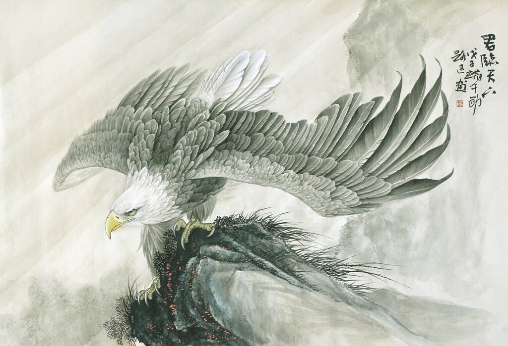 工笔画底稿花鸟郑路迅工笔鹰横幅白描2#打印稿宣纸稿有步骤图