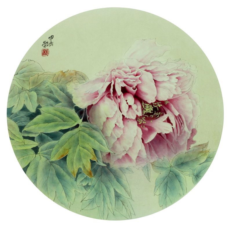 工笔画底稿 龚雪青牡丹团扇小品白描39#打印稿宣纸稿有步骤图