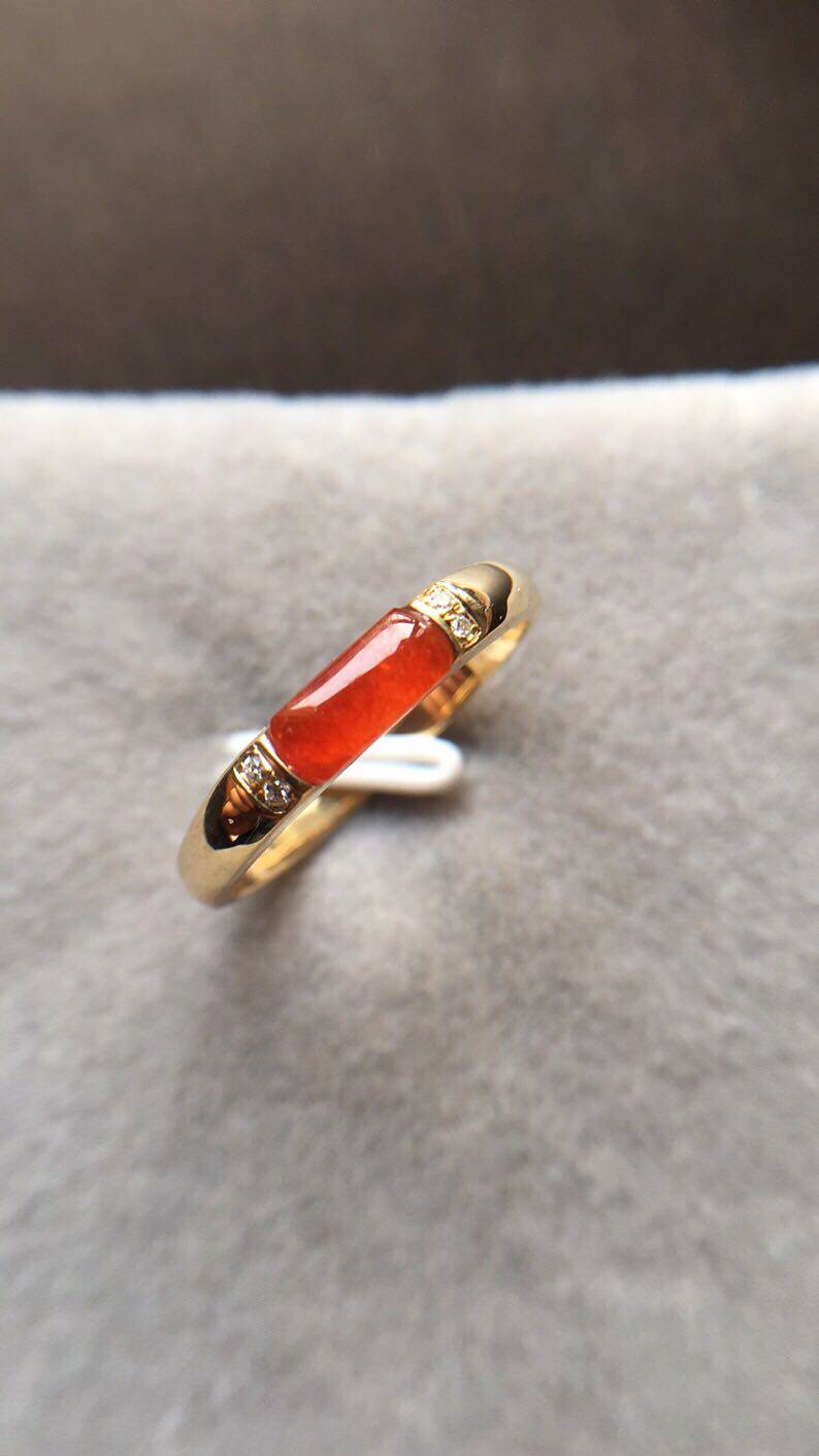 【赏】木易日辰 天然翡翠a货冰红翡马鞍18k金钻石戒指