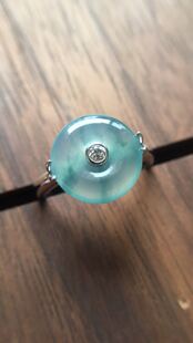 【赏】木易日辰 天然翡翠A货冰蓝水飘花平安扣18K金钻石戒指