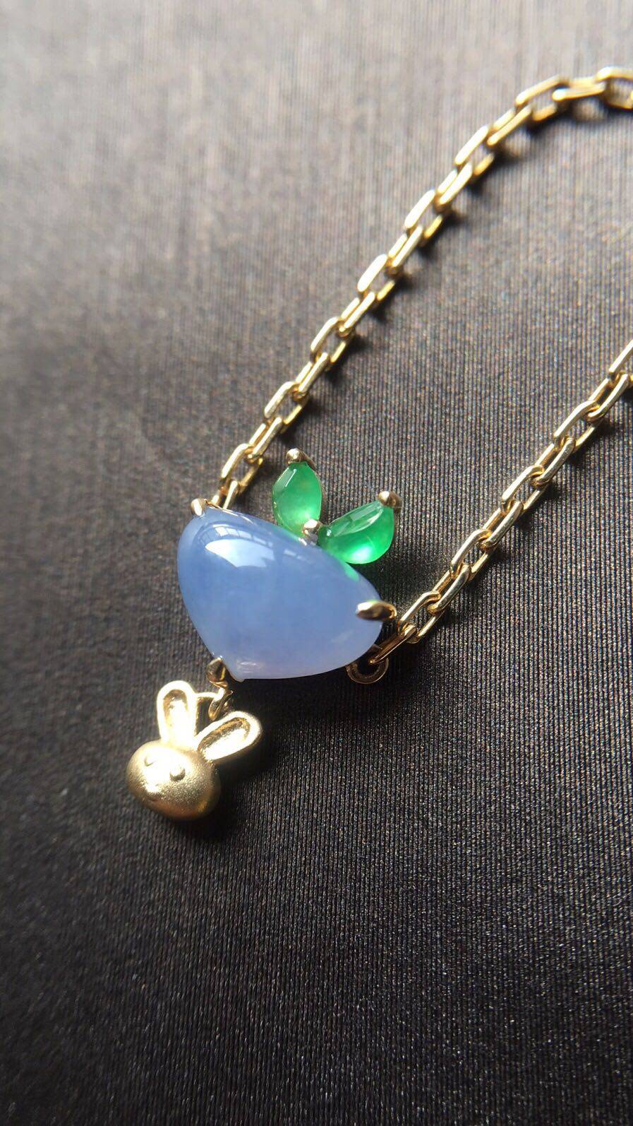 【赏】木易日辰 天然翡翠A货冰紫萝卜兔子18K金链条戒指