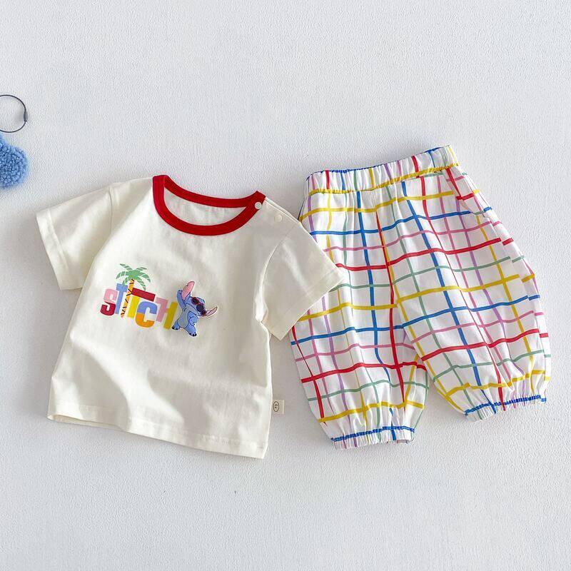 2026套装彩格裤两件套新款时尚夏季字母宝宝男童印花卡通T恤格子