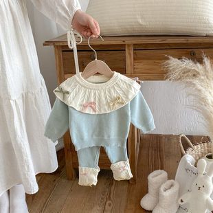 套装 婴幼儿2025女宝宝秋冬两件套蝴蝶结娃娃领上衣针织新款 打底裤