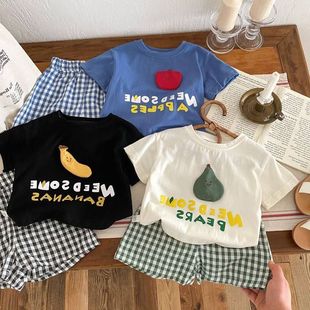 儿童格子套装 0-5岁夏季湖州织里男童字母T恤女童短裤两件套AT095