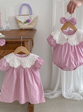 女宝婴儿姐妹夏装紫色花新款女童衣服领包夏装屁衣短袖连衣裙2025