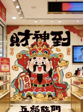 马年新款财神到墙体画入户玄关墙面装饰 免调色丙烯DIY套组限时抢