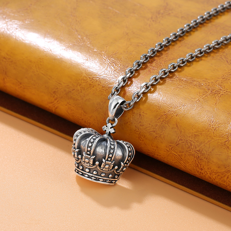 S925纯银皇冠想项链做旧泰银超吊坠时尚个性吊坠男可打开嘎乌盒