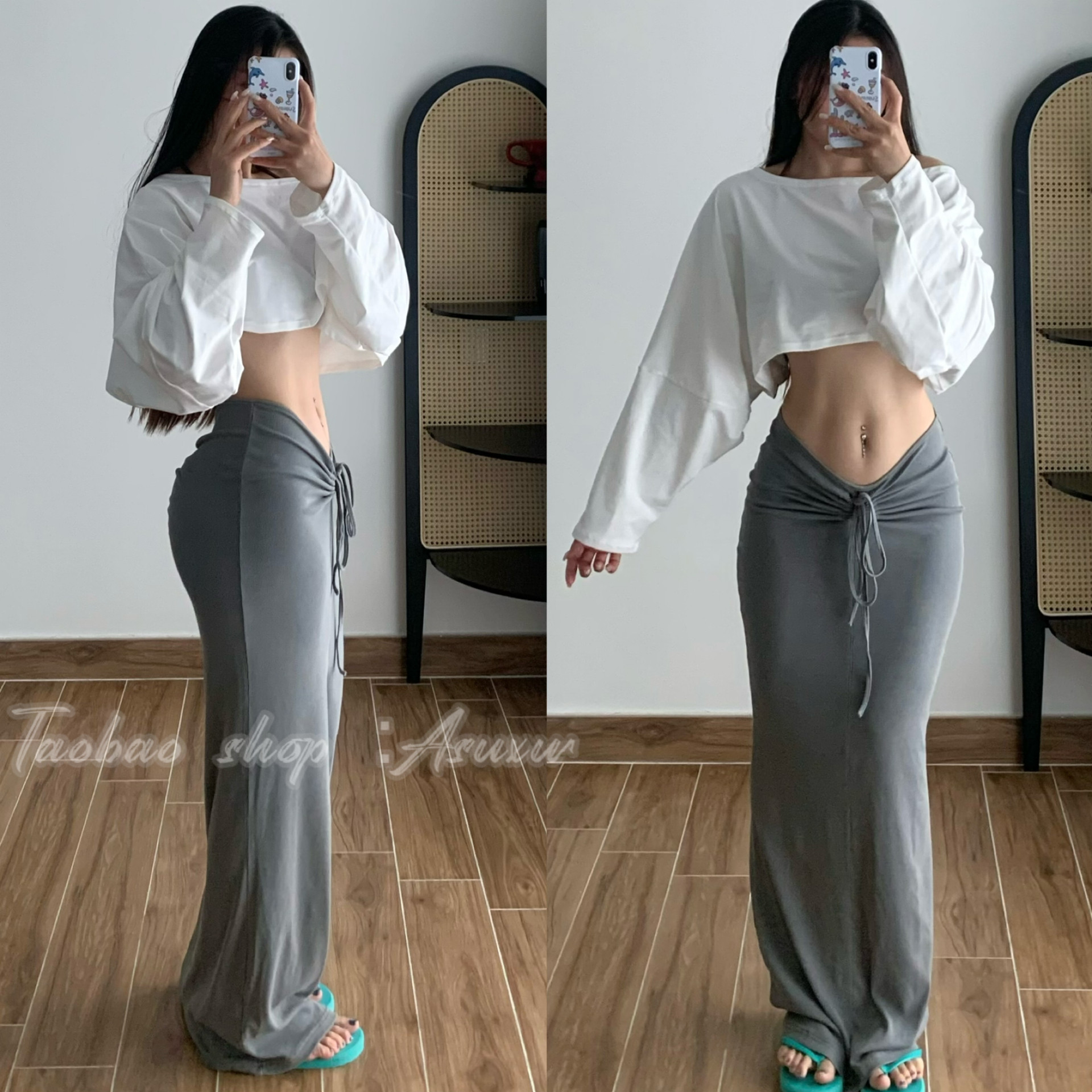 Asuxw 夏季美式复古修身半身裙做旧款高弹力卡戴珊褶皱包臀裙子女