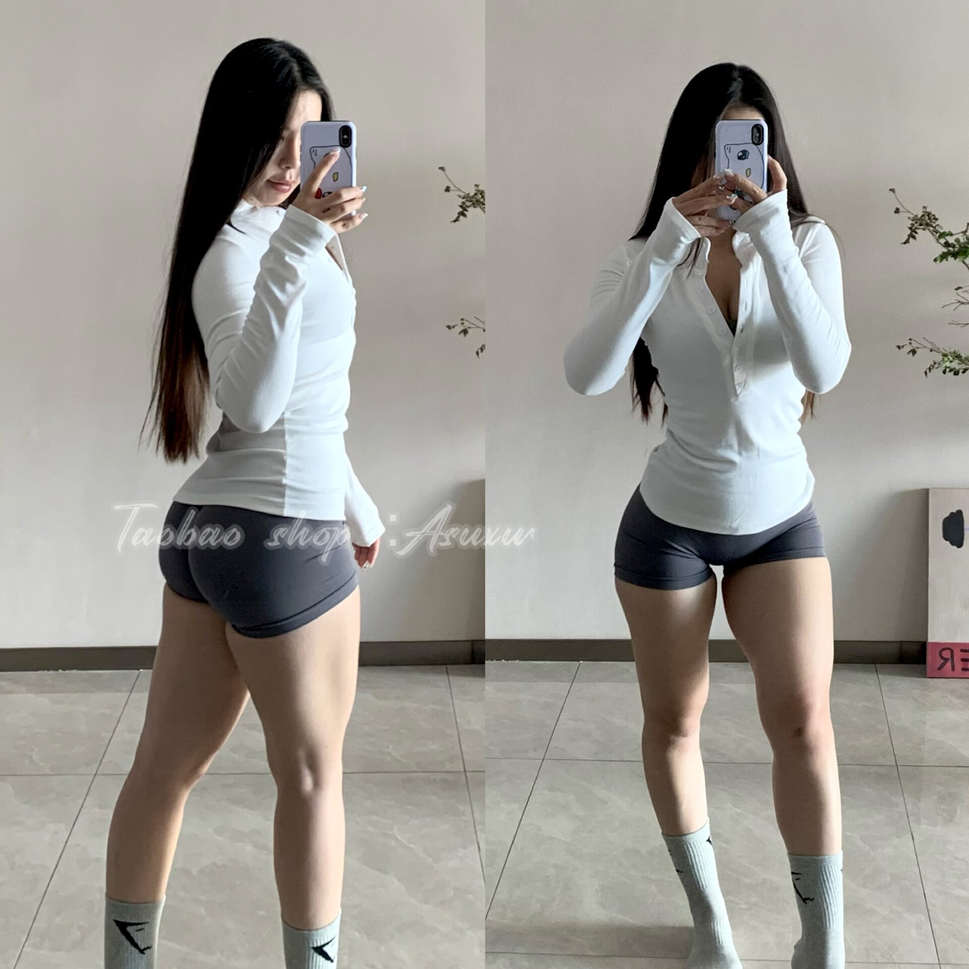 Asuxw韩系半开领显瘦修身长袖女