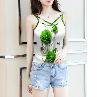 新款 打底衫 内搭外穿印花遮肚吊带 高档交叉女背心夏季 国风百搭无袖