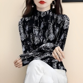 半高领气质百搭秋装 内搭外穿印花遮肚T恤女 新款 女领长袖 打底衫