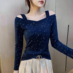 2026秋季纯色V领长袖亮片T恤衫韩版百搭宽松显瘦露肩上衣女大码