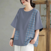 百搭宽松显瘦上衣女大码 2025夏季 印花韩版 时尚 圆领短袖 口袋t恤衫