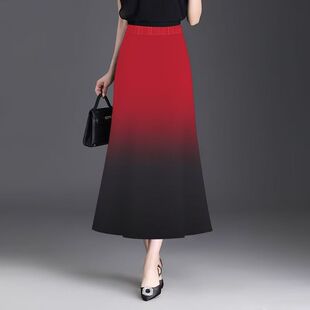 女装 印花大摆裙显瘦垂感遮肉过膝高腰裙 半身裙中长裙2025洋气新款