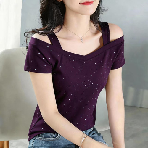 2026夏季V领短袖亮片T恤衫印花韩版百搭宽松显瘦露肩上衣女大码