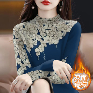 半高领套头打底衫 宽松大码 气质妈妈装 德绒保暖印花T恤女秋冬新款