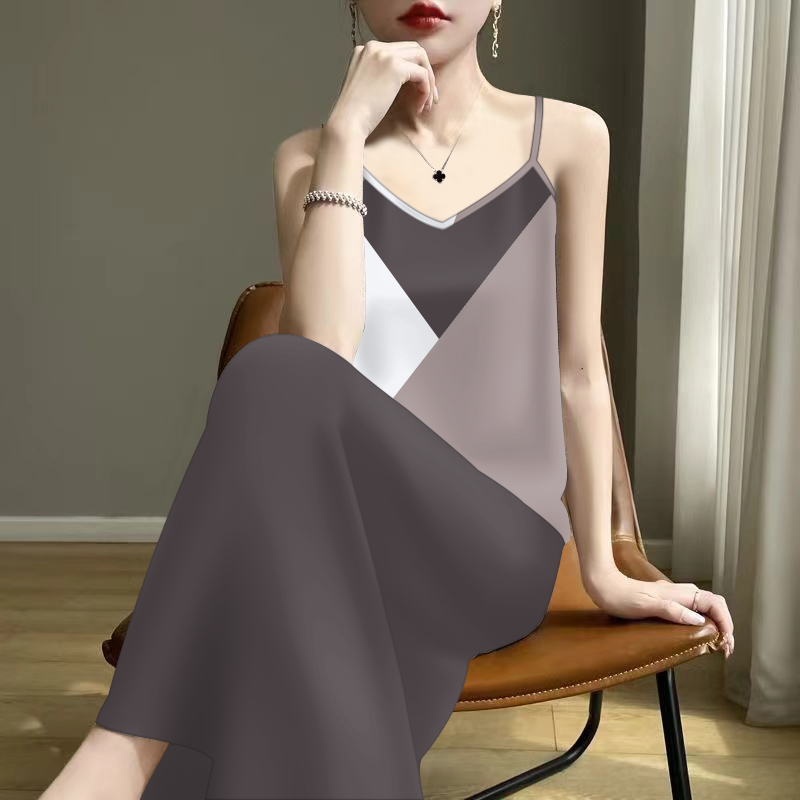 外穿印花百搭显瘦夏季高档女吊带2025内搭V领无袖宽松连衣裙遮肚