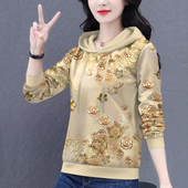 春秋长袖 薄款 卫衣妈妈连帽新款 新款 时尚 百搭女复古印花上衣套头潮