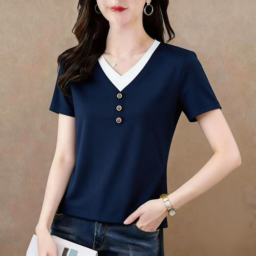 假两件减龄妈妈薄款V领短袖t恤女2026夏季新款气质爆款内搭打底衫