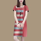 2025夏季 百搭宽松显瘦拼接中长裙 条纹时尚 圆领短袖 连衣裙印花韩版