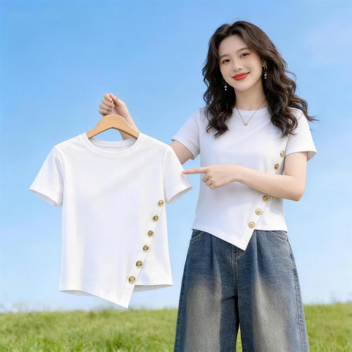 纯色设计感纽扣短袖t恤女装2026夏季新款洋气时尚不规则短款上衣