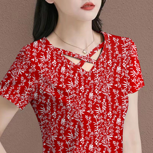 遮肚休闲显瘦T恤女印花上衣潮 减龄V领短袖 高档气质2025新款 夏季