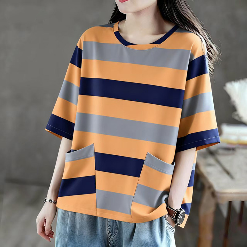 条纹圆领短袖口袋t恤衫印花韩版百搭宽松显瘦五分中袖上衣女大码