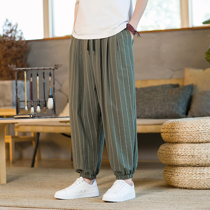 条纹九分裤男春秋季中国风棉麻衣裤子大码宽松灯笼裤复古休闲束脚