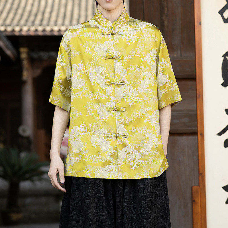 提花盘扣傣装男上衣新中式短袖衬衫中国风唐装云南民族傣族服装夏