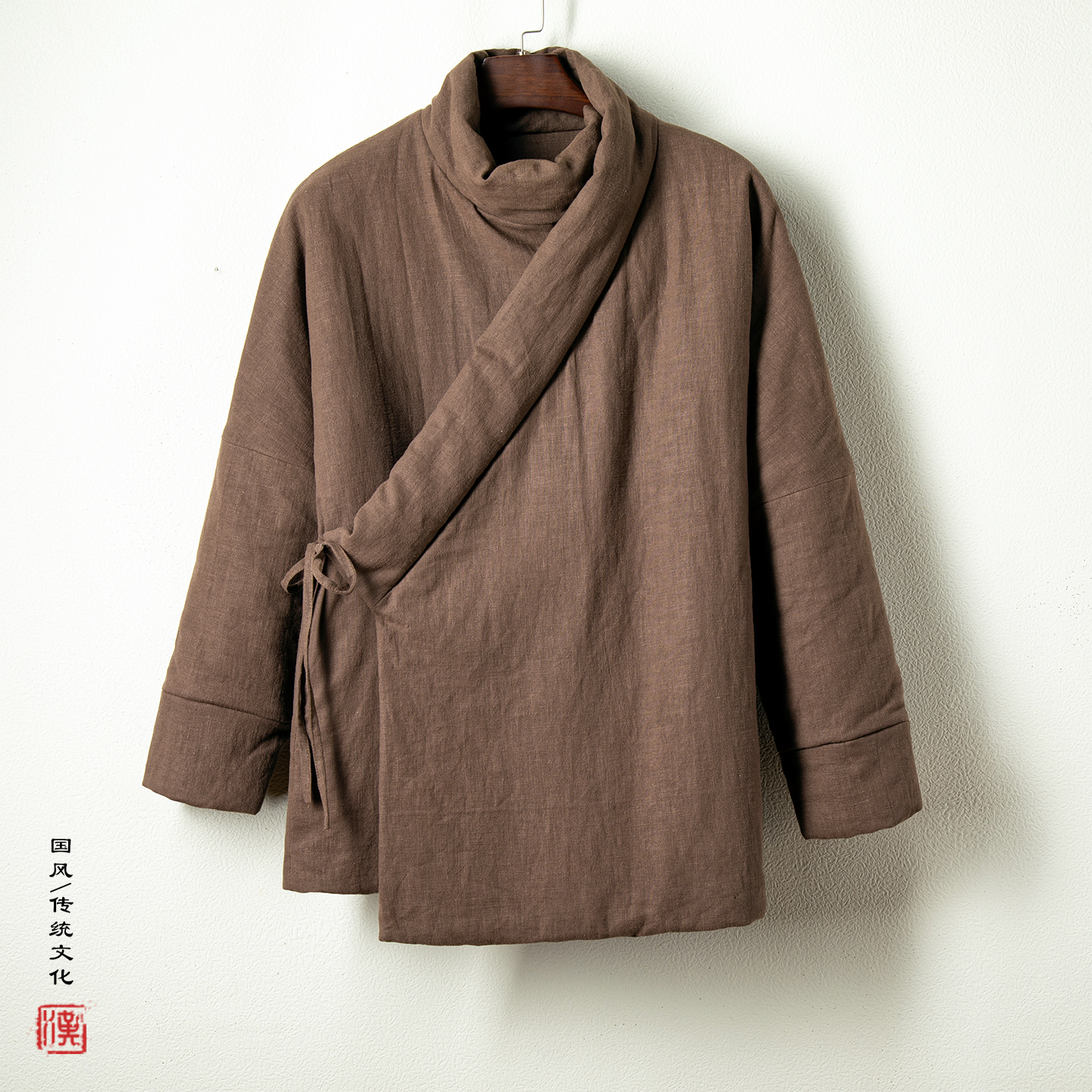 中式斜襟棉袄男中国风居士僧服棉麻道士棉服系带道服明制汉服棉衣