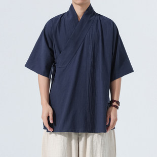 明制汉服男改良交领右衽练功服斜襟睡衣对交穿短衫 上衣夏 日常短袖